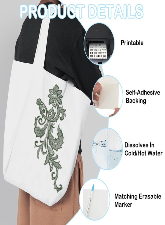 سكويشي 7 قطع من ورق التطريز القابل للذوبان في الماء، ملصقات تطريز للخياطة، قلم اختفاء تلقائي يمكنك صنعه بنفسك، ورق A4 ذاتي اللصق قابل للذوبان في الماء، 6 أوراق + قلم واحد، للمبتدئين وهواة الأعمال اليدوية - Image 2